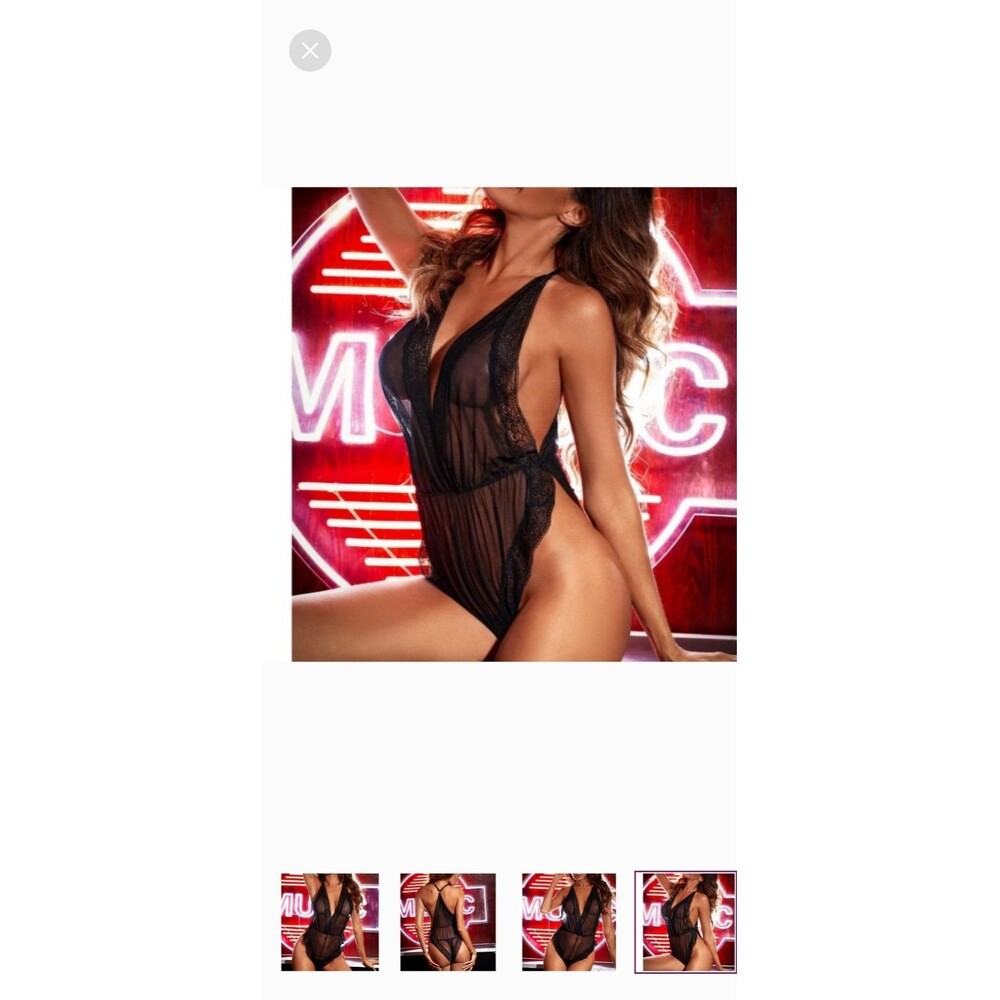Black Lace Trim Mesh Women's Bodysuit Black Size L